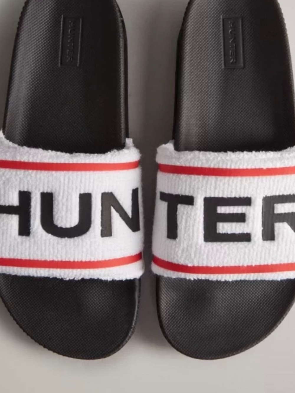 Hunter White Terry Toweling Logo Slide Sandals